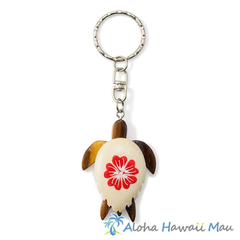 ハワイアンキーホルダー ホヌ レッド ハイビスカス ホヌ型ウッドキーホルダー