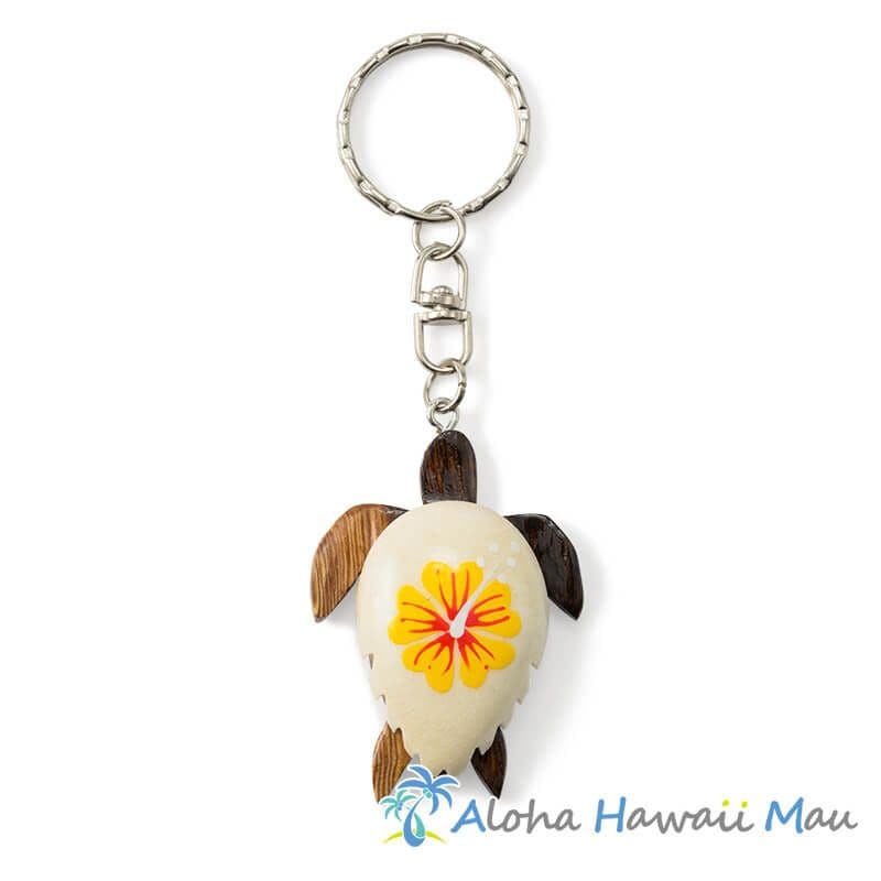 ハワイアンキーホルダー ホヌ イエロー ハイビスカス ホヌ型ウッドキーホルダー