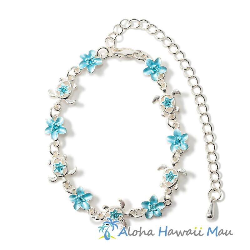 ハワイアン ブレスレット ホヌ＆プルメリア＜アクア＞