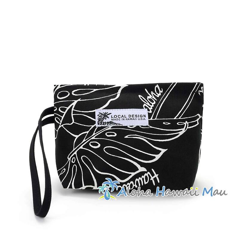 ハワイアンポーチ モンステラ柄 ブラック 三角底マチポーチ Local Design hawaii ローカルデザイン