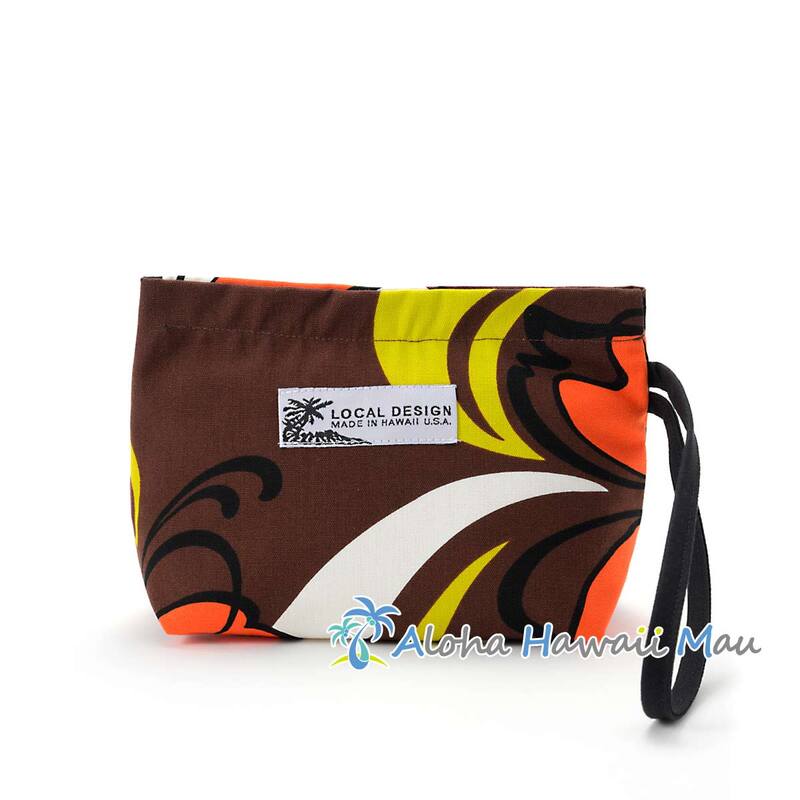 ハワイアンポーチ タヒチアン柄 ブラウン 三角底マチポーチ Local Design hawaii ローカルデザイン