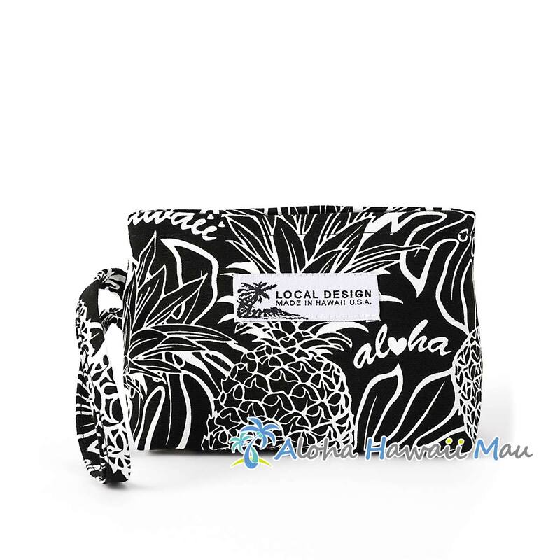 ハワイアンポーチ パイナップル柄 ブラック 三角底マチポーチ Local Design hawaii ローカルデザイン