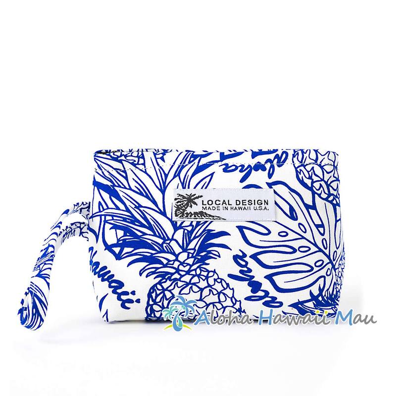 ハワイアンポーチ パイナップル柄 ブルー 三角底マチポーチ Local Design hawaii ローカルデザイン