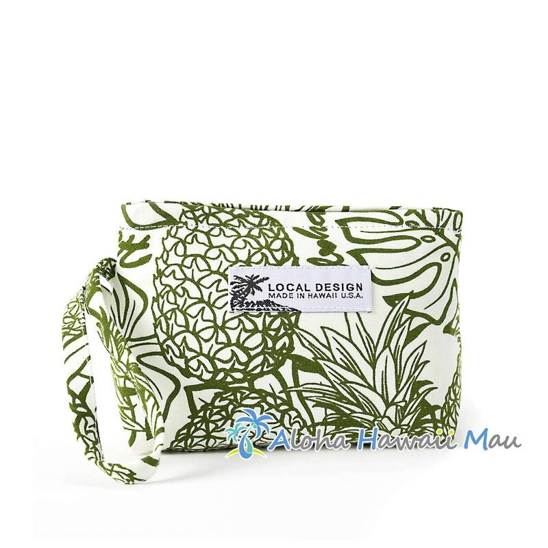 ハワイアンポーチ パイナップル柄 グリーン 三角底マチポーチ Local Design hawaii ローカルデザイン