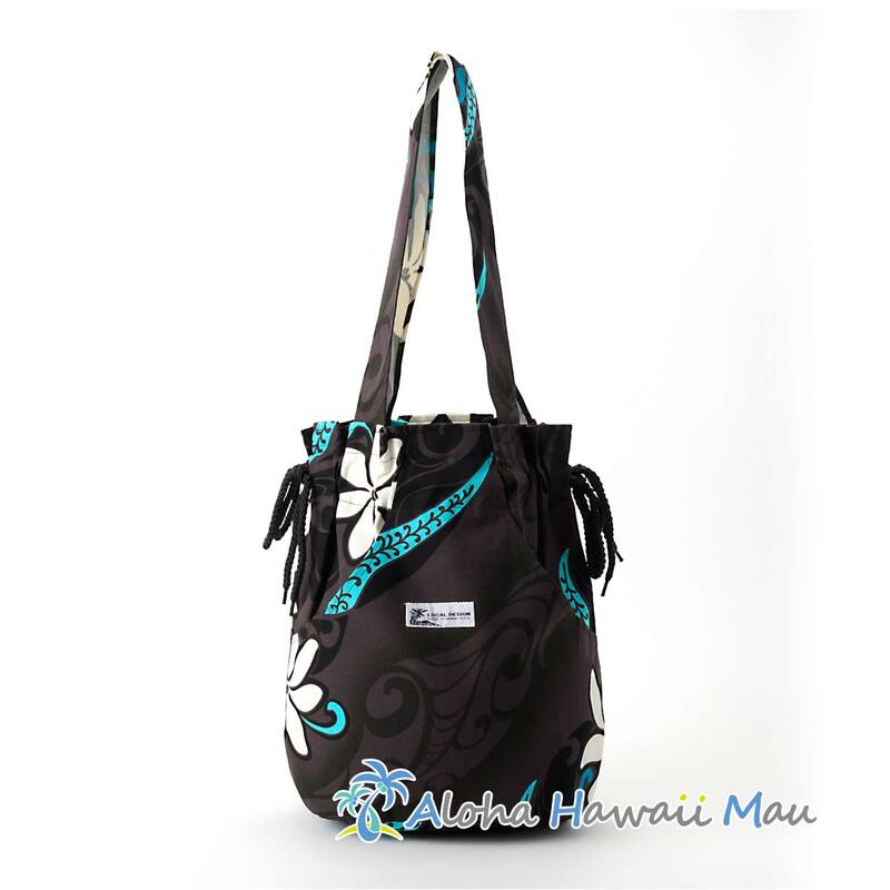 ハワイアン 巾着バッグ ショルダー ドローストリング　ハワイアンバッグ トロピカルフラワー ティアレ柄 ブラック LOCAL DESIGN ローカルデザイン