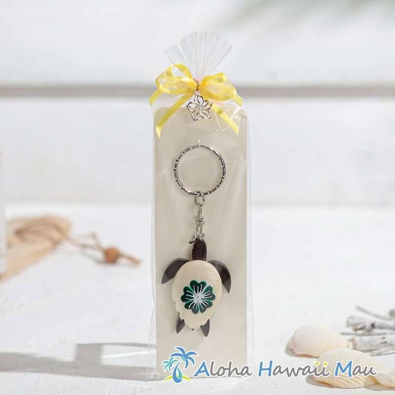 ハワイアンキーホルダー ホヌ グリーン ハイビスカス 6カラー〈チャーム付リボンラッピング〉ハワイアン ギフト ラッピング