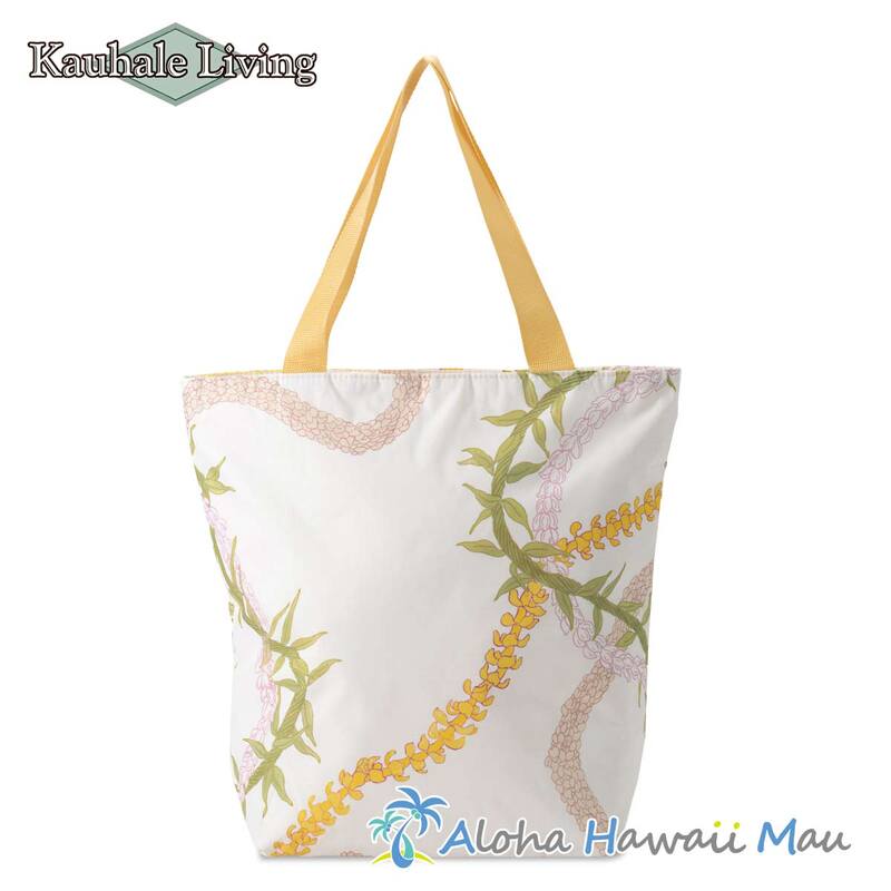 ハワイアントートバッグ ファスナー式 レイ柄 ホワイト Kauhale Living カウハレ リビング