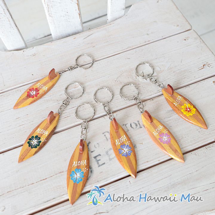 ハワイアン キーホルダー サーフボード型 ハイビスカス ALOHA ウッド 6