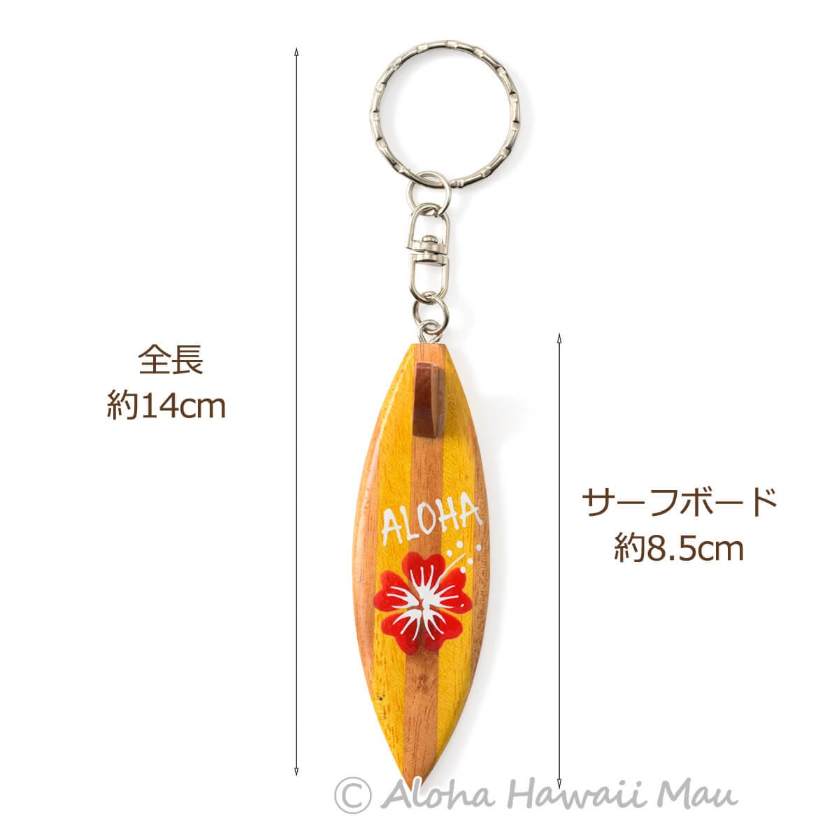 ハワイアン キーホルダー サーフボード ALOHA ハイビスカス レッド サーフボード型ウッドキーホルダー