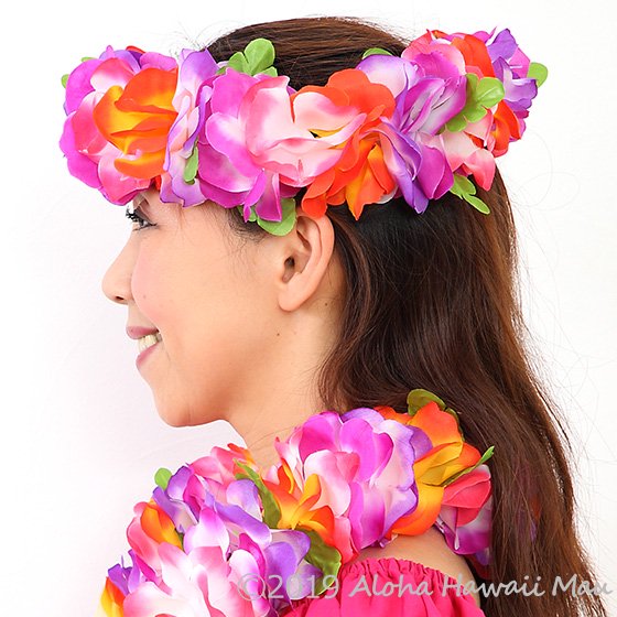 フラダンス ヘッドバンド（ポォ）フラワーヘッドバンド パープル/オレンジ