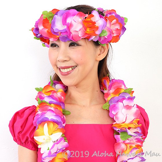 フラダンス ヘッドバンド（ポォ）フラワーヘッドバンド パープル/オレンジ