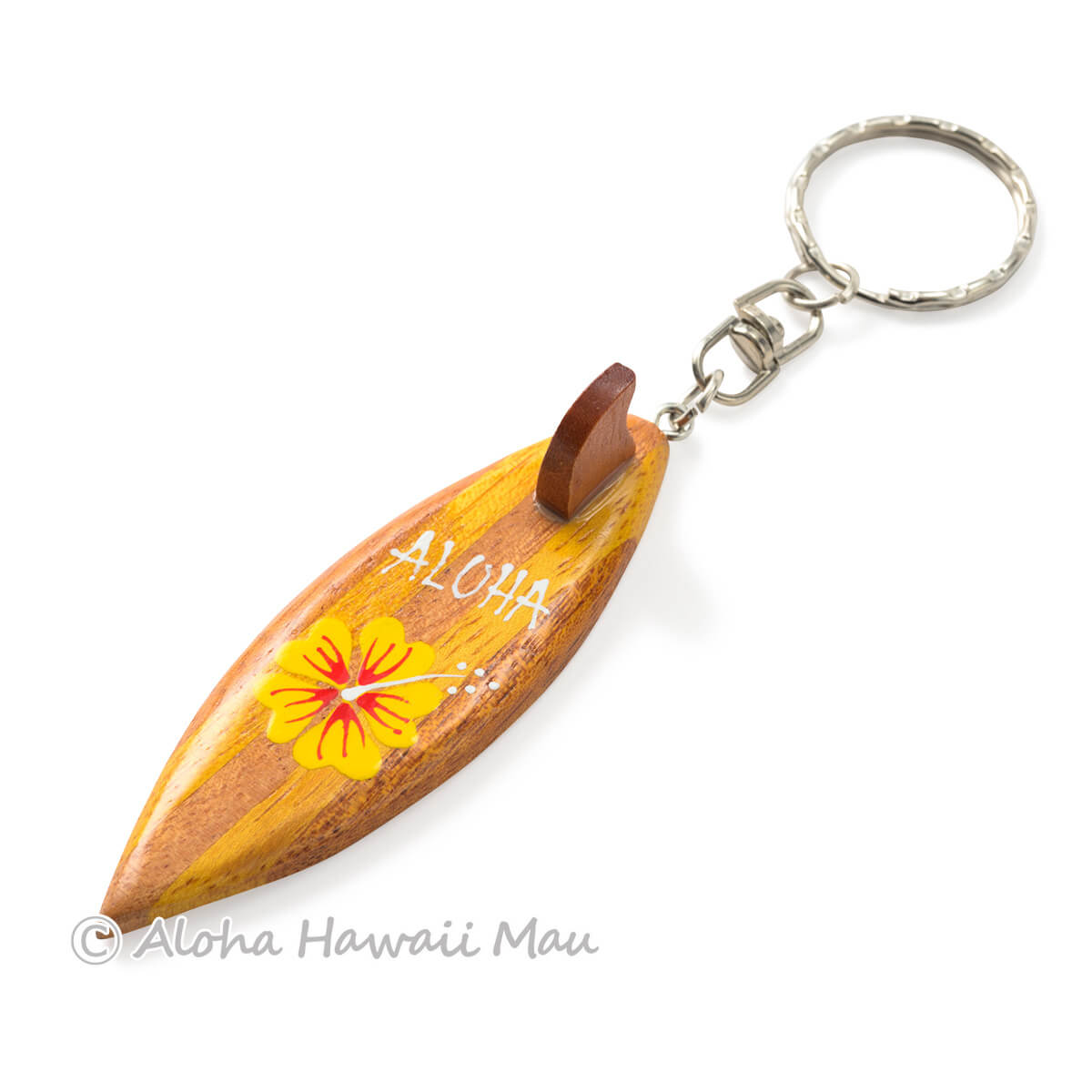 ハワイアン キーホルダー サーフボード ALOHA ハイビスカス イエロー サーフボード型ウッドキーホルダー