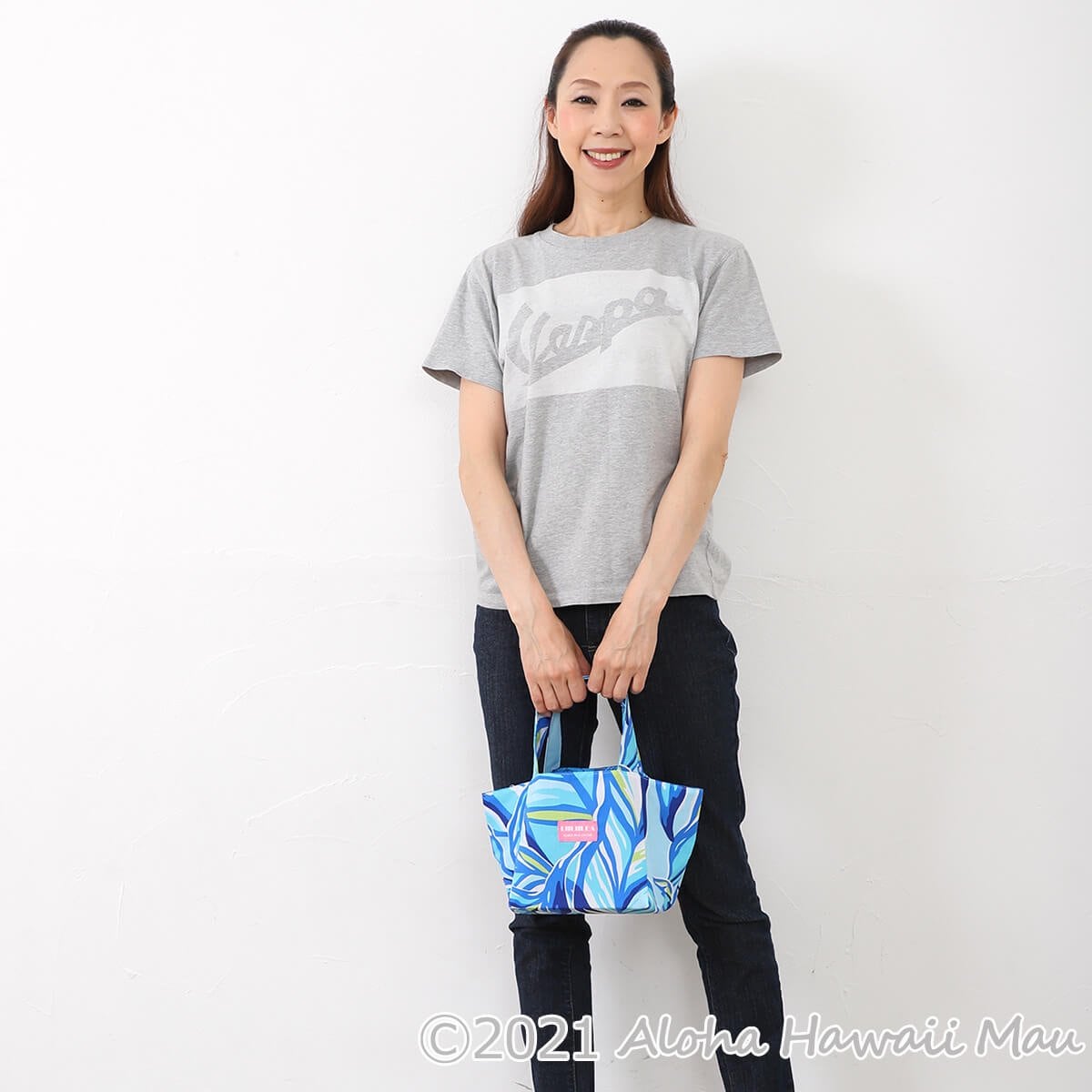 LIILIILEA エコバッグ ミニトートバッグ(ランチバッグ) ブルー リーフ