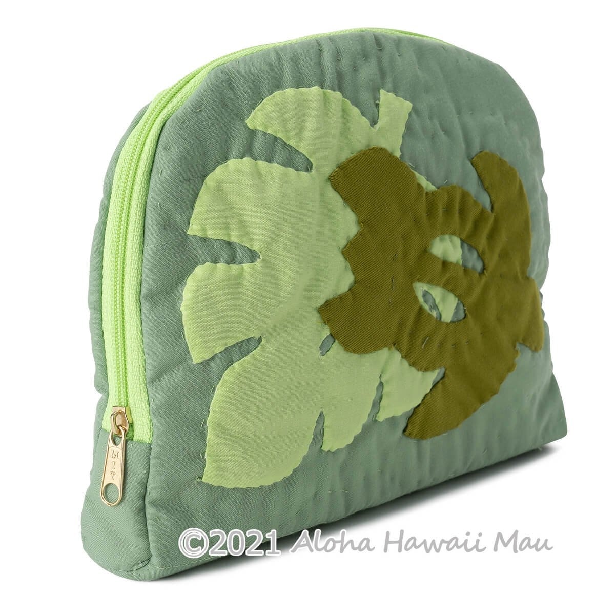 ハワイアンキルト ラウンド ポーチ ホヌ・モンステラ モチーフ