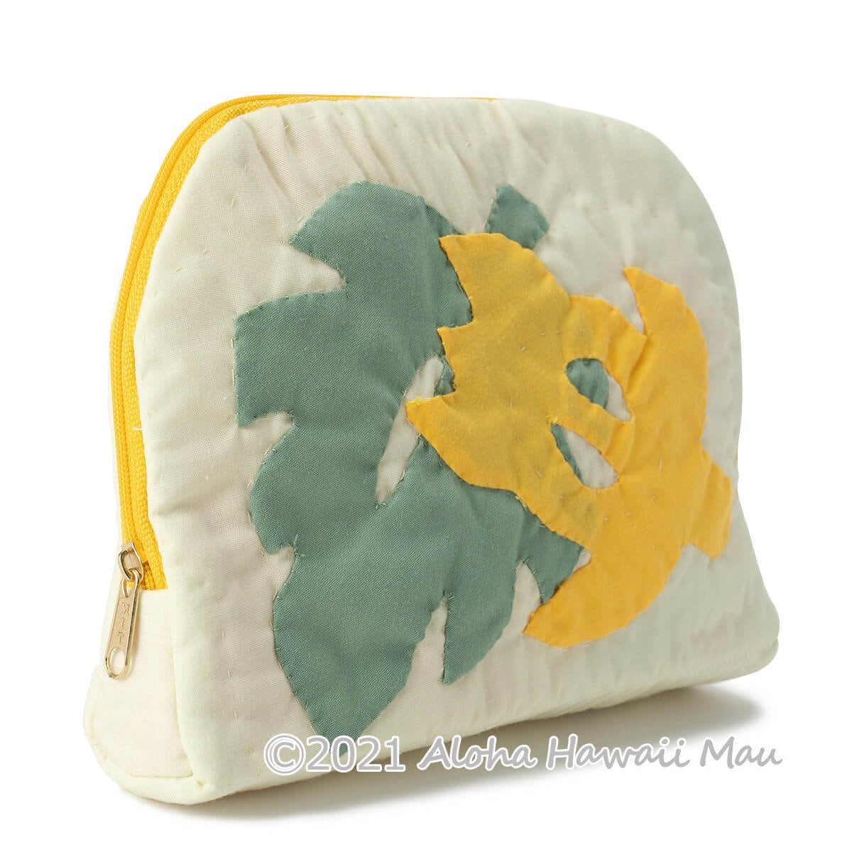 ハワイアンキルト ラウンド ポーチ クリーム ホヌ・モンステラ