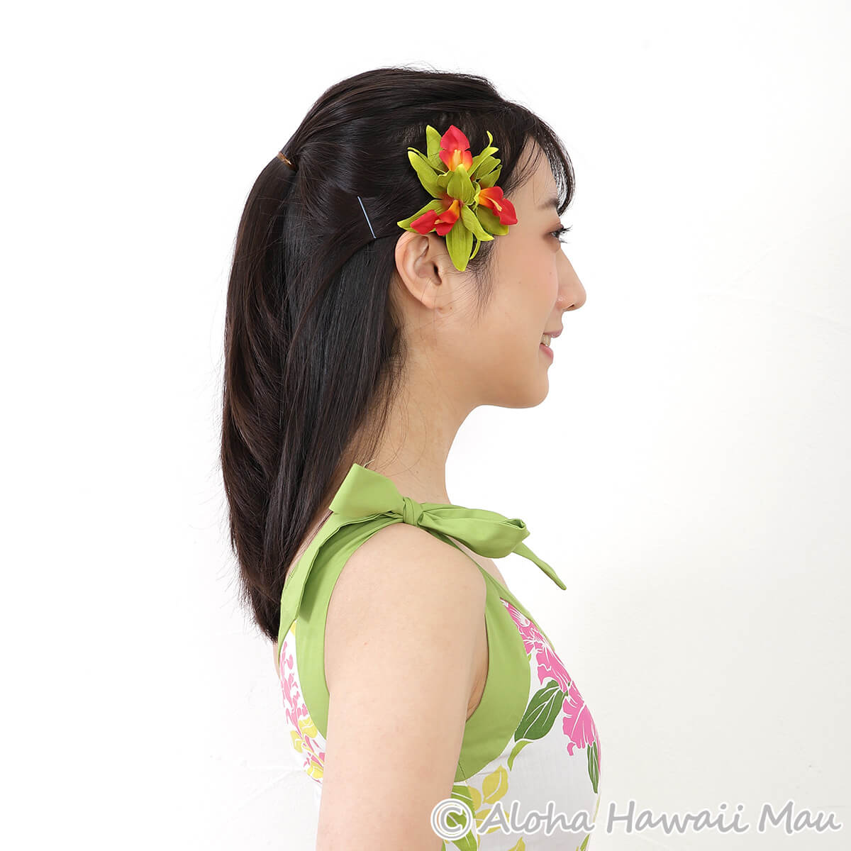 フラダンス 髪飾り バンダオーキッド 髪飾り グリーン/レッド Sサイズ