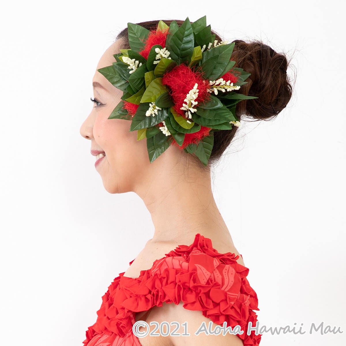 オヒアレフア ハワイマイレ 髪飾り XL レッド フラダンス 髪飾り