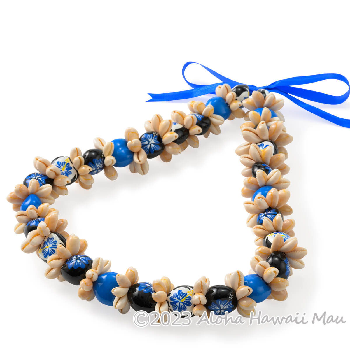 ククイ レイ ハイビスカス ペイント ククイ&カウリーシェル レイ ブルー