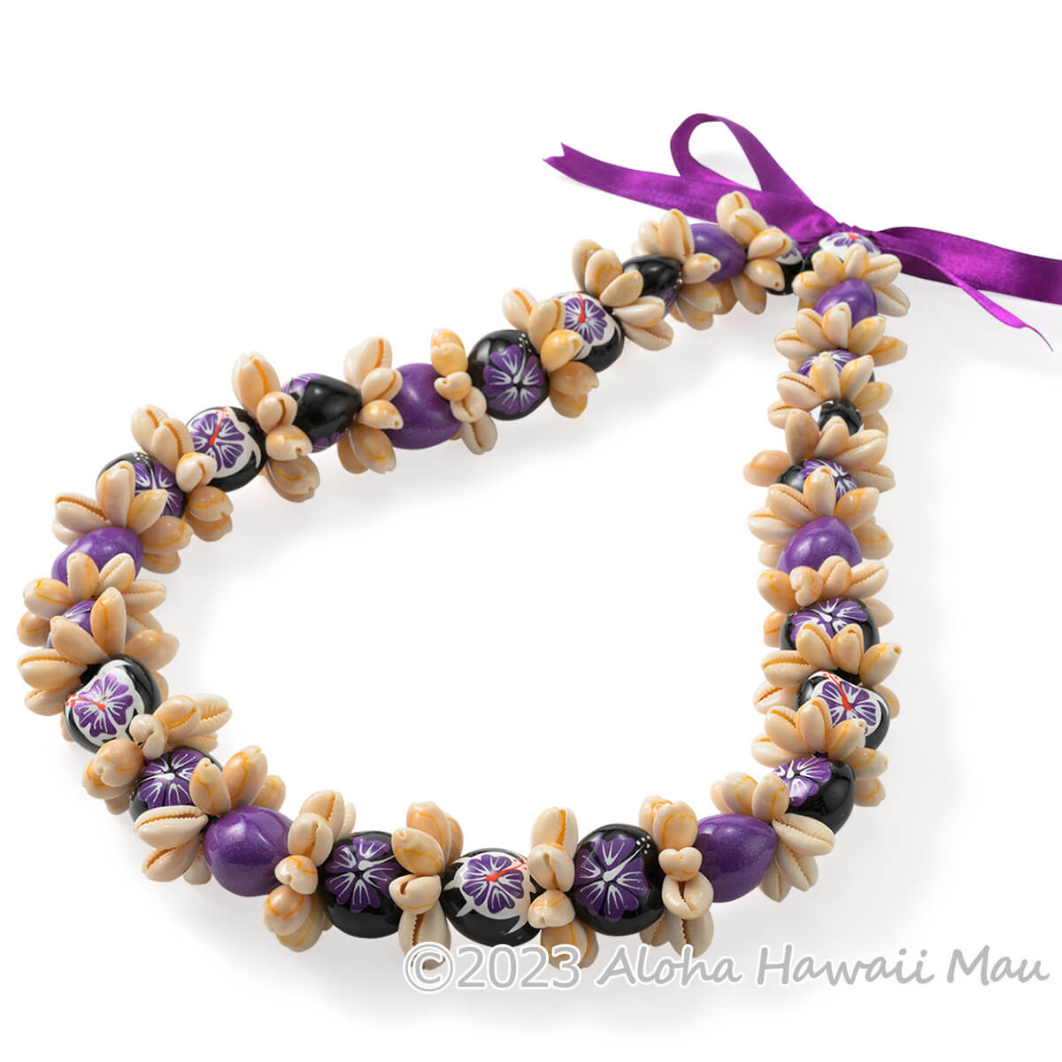 ククイ レイ ハイビスカス ペイント ククイ&カウリーシェル レイ パープル