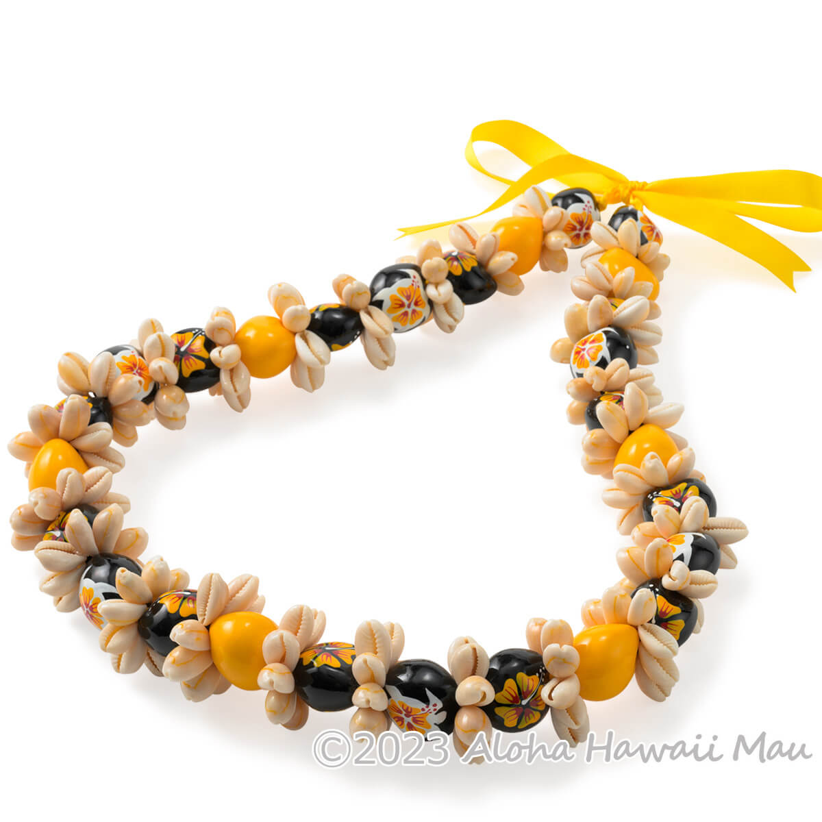 ククイ レイ ハイビスカス ペイント ククイ&カウリーシェル レイ イエロー