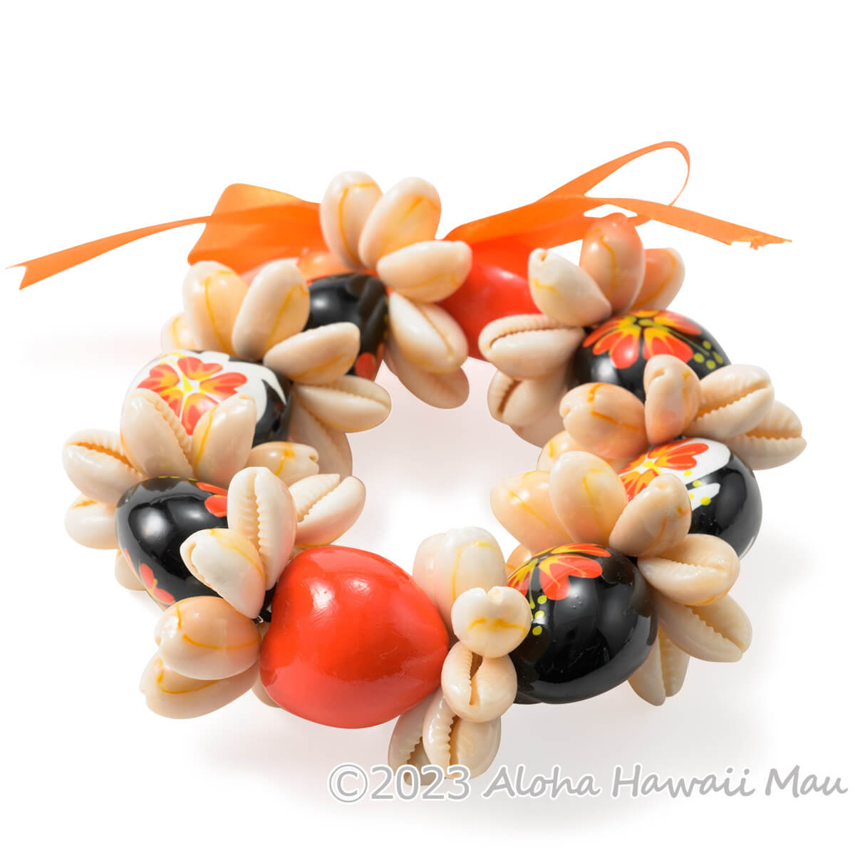 ククイ ブレスレット ハイビスカス ペイント ククイ&カウリーシェル  オレンジ