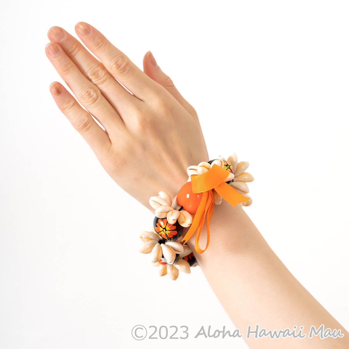 ククイ ブレスレット ハイビスカス ペイント ククイ&カウリーシェル  オレンジ