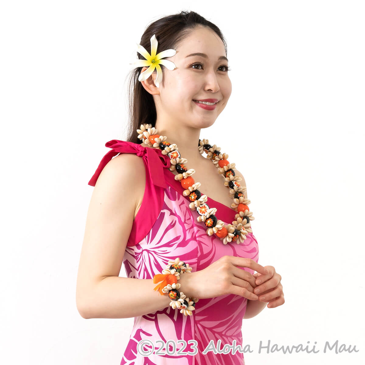 ククイ ブレスレット ハイビスカス ペイント ククイ&カウリーシェル  オレンジ