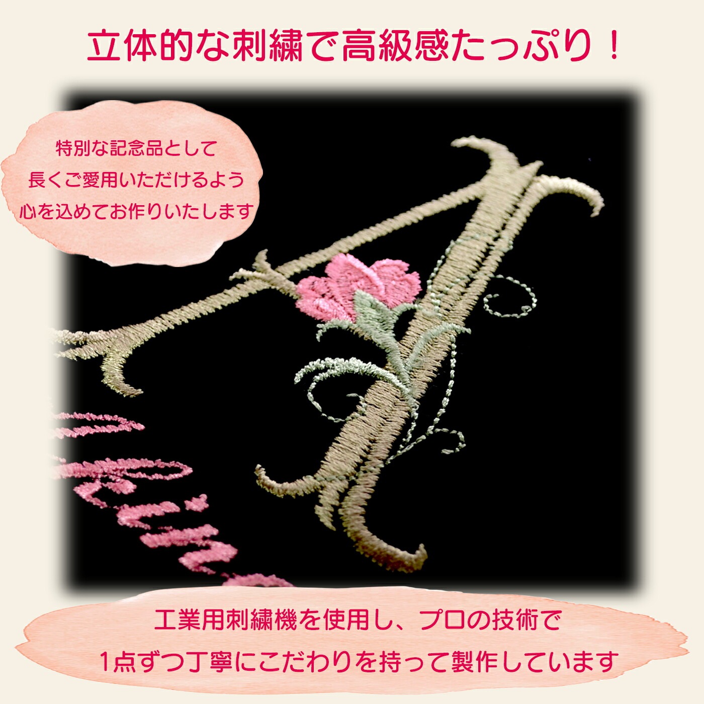 花柄イニシャル 刺繍トートバッグ｜名入れ刺繍コットンバッグ