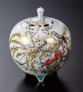 香炉・香立て》九谷焼鑑賞用香炉・花鳥図：澤田富雄作（桐箱紐通し付