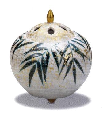 香炉・香立て》九谷焼香炉 金彩笹：山崎幸山作（木箱付） | お香/香炉