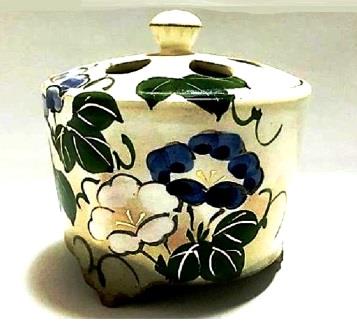 絶品！清水焼香炉★手描きオーダー発注品◆水色地×ダリア 絶品！清水焼香炉☆手描きオーダー発注品◇水色地×ダリア