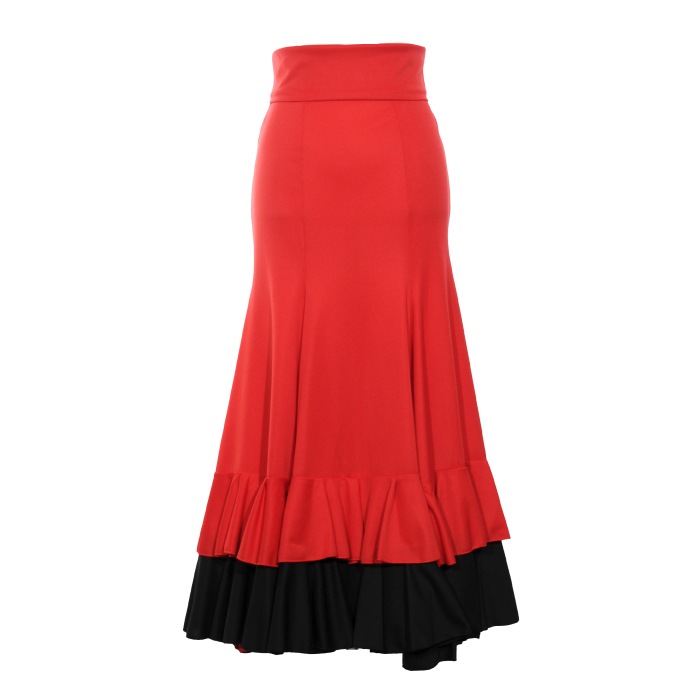 IF-1802 後ろ上がり4段フリルスカート レッド×ブラック | レッスン