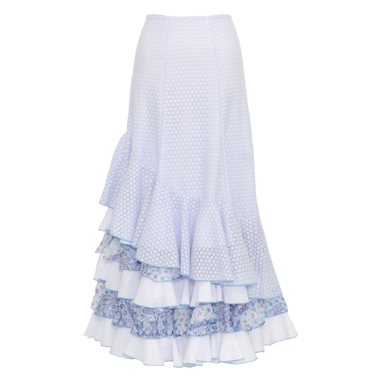 現品特価】HF-1513 斜め大フリル6段スカート ライトブルー花柄【22I