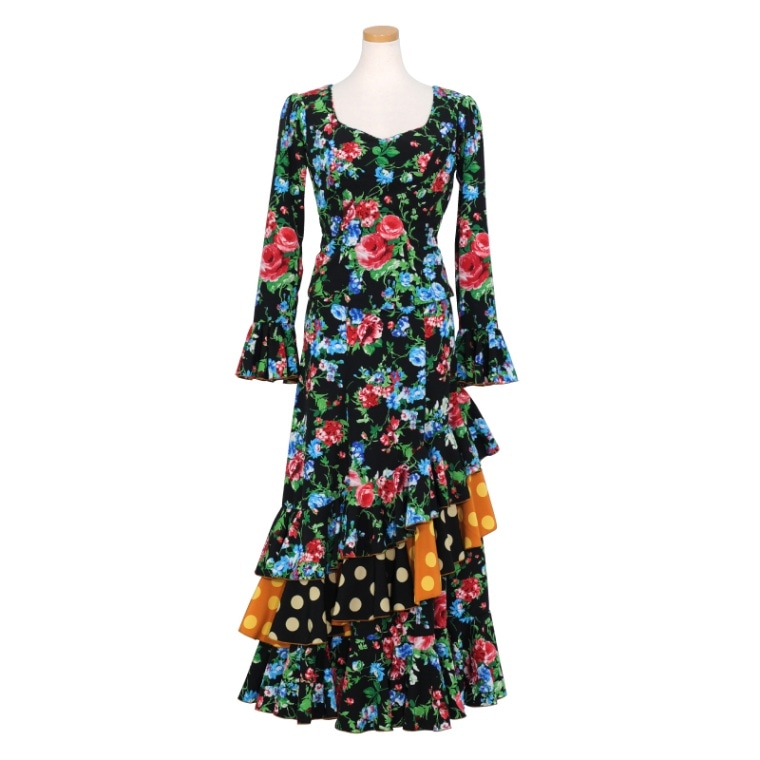 売切特価】HOP-06C 差し込みフリルツーピース長袖 ブラック/レッド