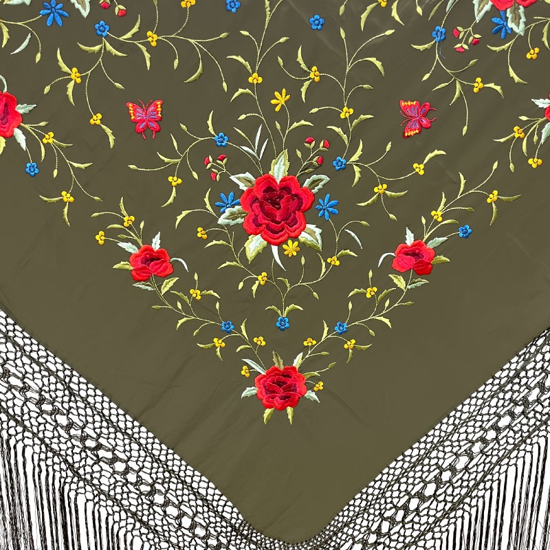 P8084 刺繍入りマントン カーキ×多色 | マントン・シージョ