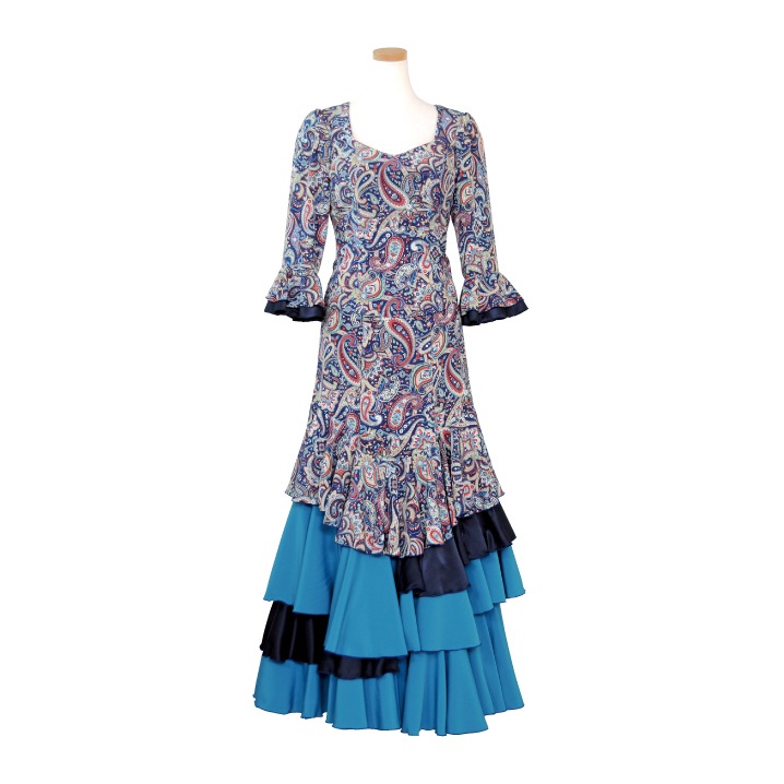 紺とゴールドの飾りフリルが特徴の4段フリルのフラメンコ衣装