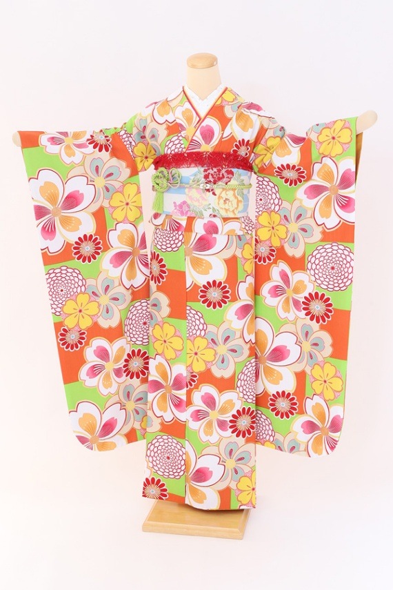 振袖 レンタル 成人式 フルセット 黄緑×ｵﾚﾝｼﾞ