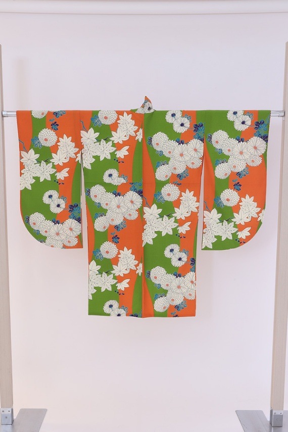 ２尺袖 単品レンタル 緑×ｵﾚﾝｼﾞ