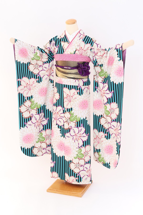 振袖 レンタル 成人式 フルセット 黒緑(ｽﾄﾗｲﾌﾟ)