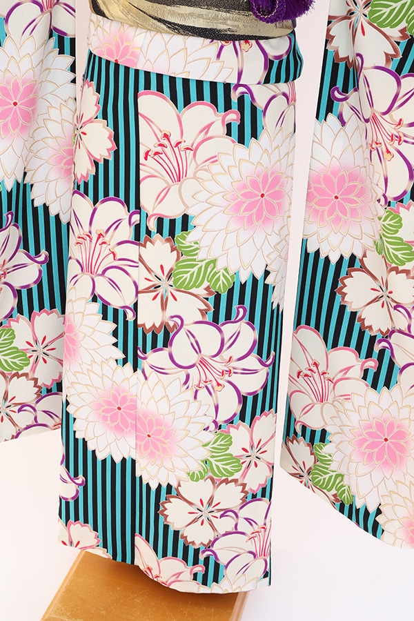 振袖 レンタル 成人式 フルセット 黒緑(ｽﾄﾗｲﾌﾟ)