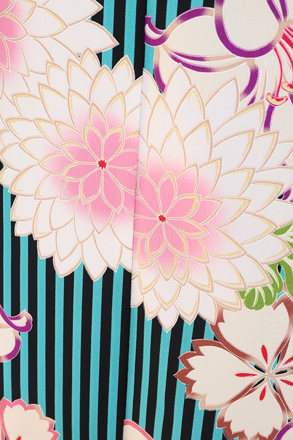 振袖 レンタル 成人式 フルセット 黒緑(ｽﾄﾗｲﾌﾟ)