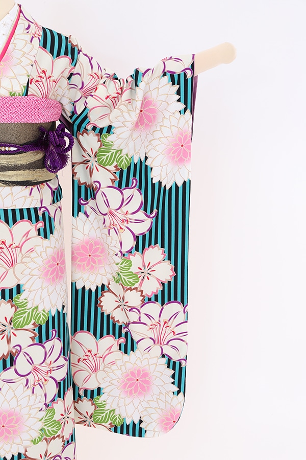 振袖 レンタル 成人式 フルセット 黒緑(ｽﾄﾗｲﾌﾟ)