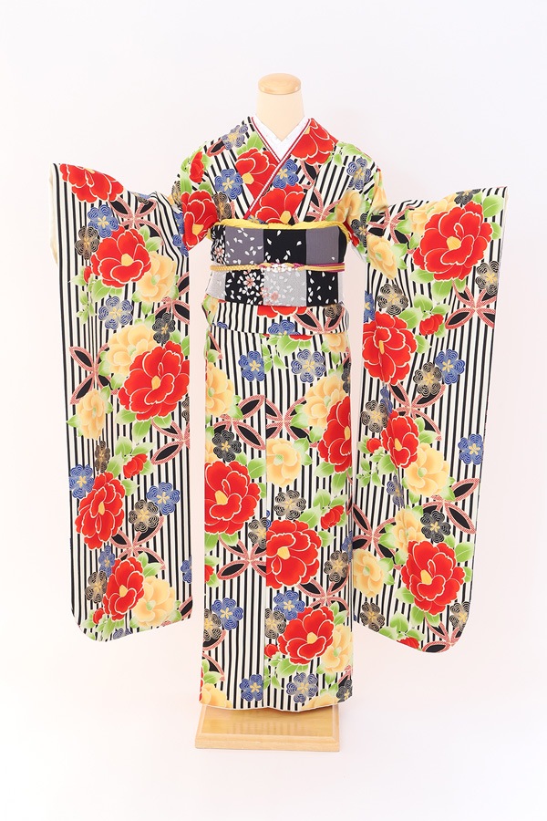 振袖 レンタル 成人式 フルセット 黒白(ｽﾄﾗｲﾌﾟ)