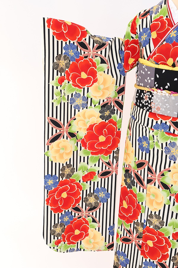 振袖 レンタル 成人式 フルセット 黒白(ｽﾄﾗｲﾌﾟ)