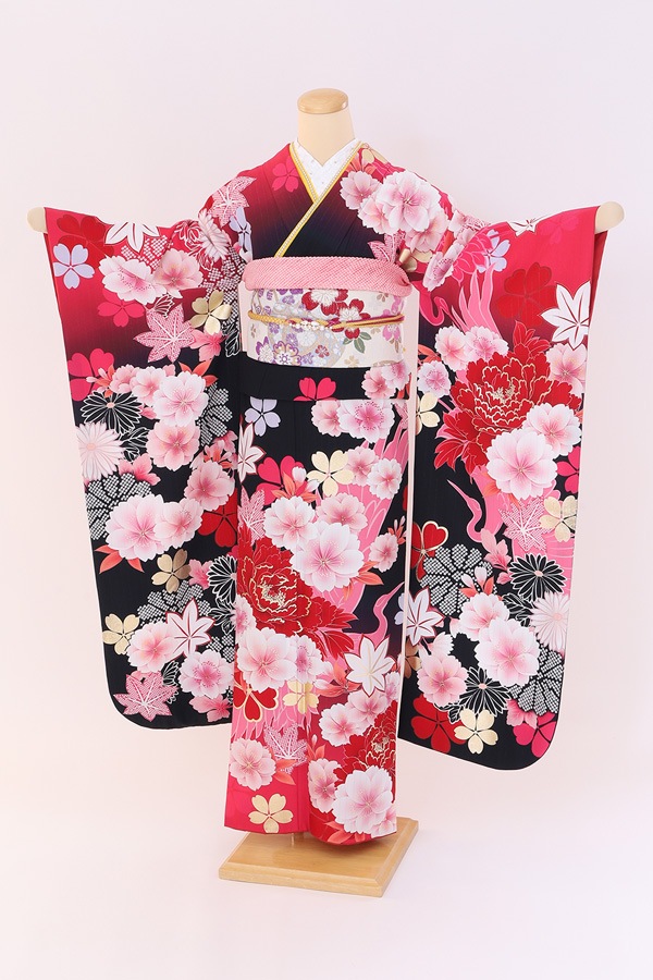 振袖 レンタル 成人式 フルセット 黒×濃ﾋﾟﾝｸ