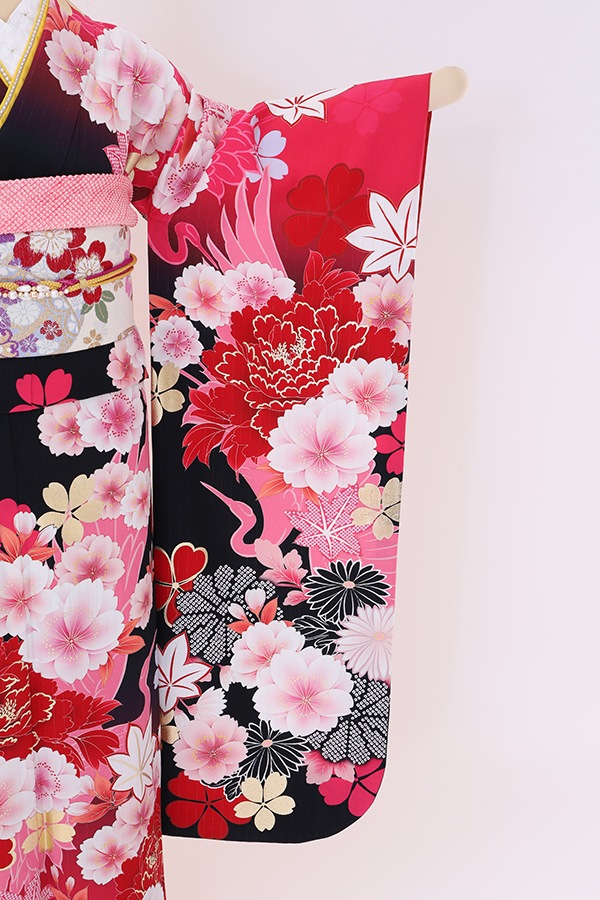 振袖 レンタル 成人式 フルセット 黒×濃ﾋﾟﾝｸ