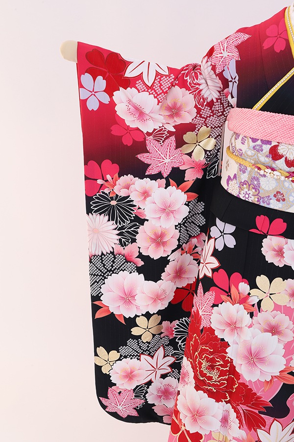 振袖 レンタル 成人式 フルセット 黒×濃ﾋﾟﾝｸ