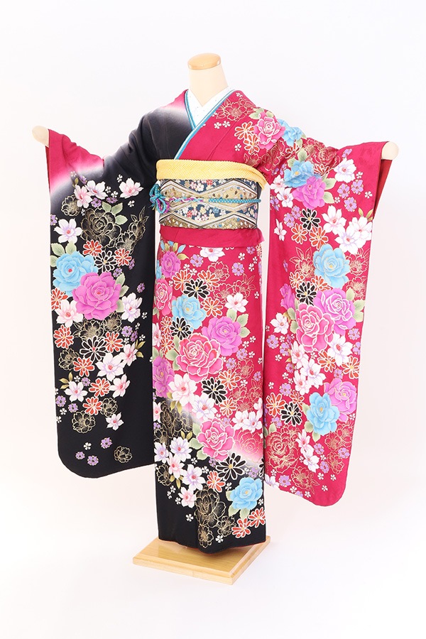 振袖 レンタル 成人式 フルセット 黒×ピンク