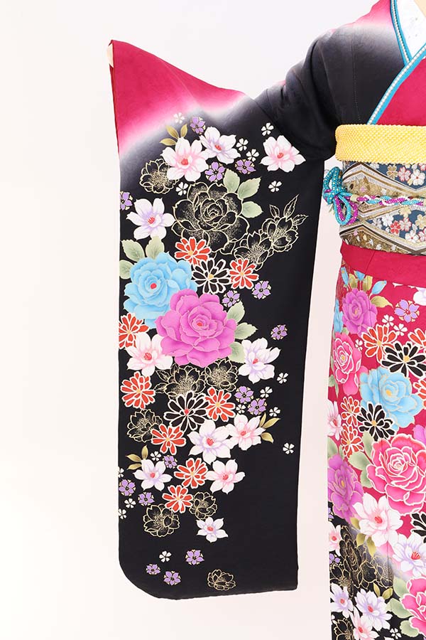 振袖 レンタル 成人式 フルセット 黒×ピンク