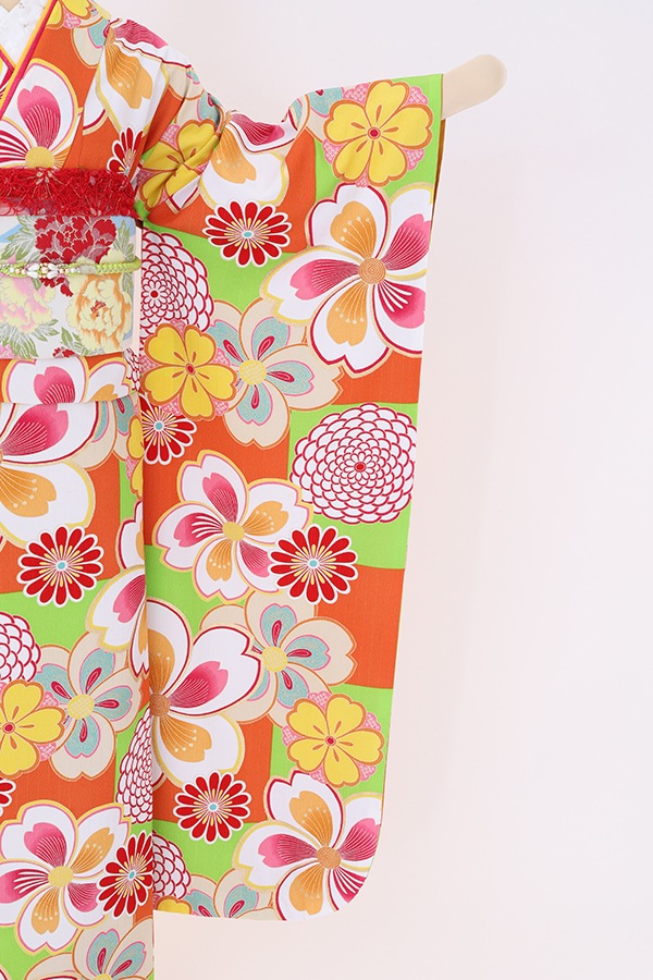 振袖 レンタル 成人式 フルセット 黄緑×ｵﾚﾝｼﾞ